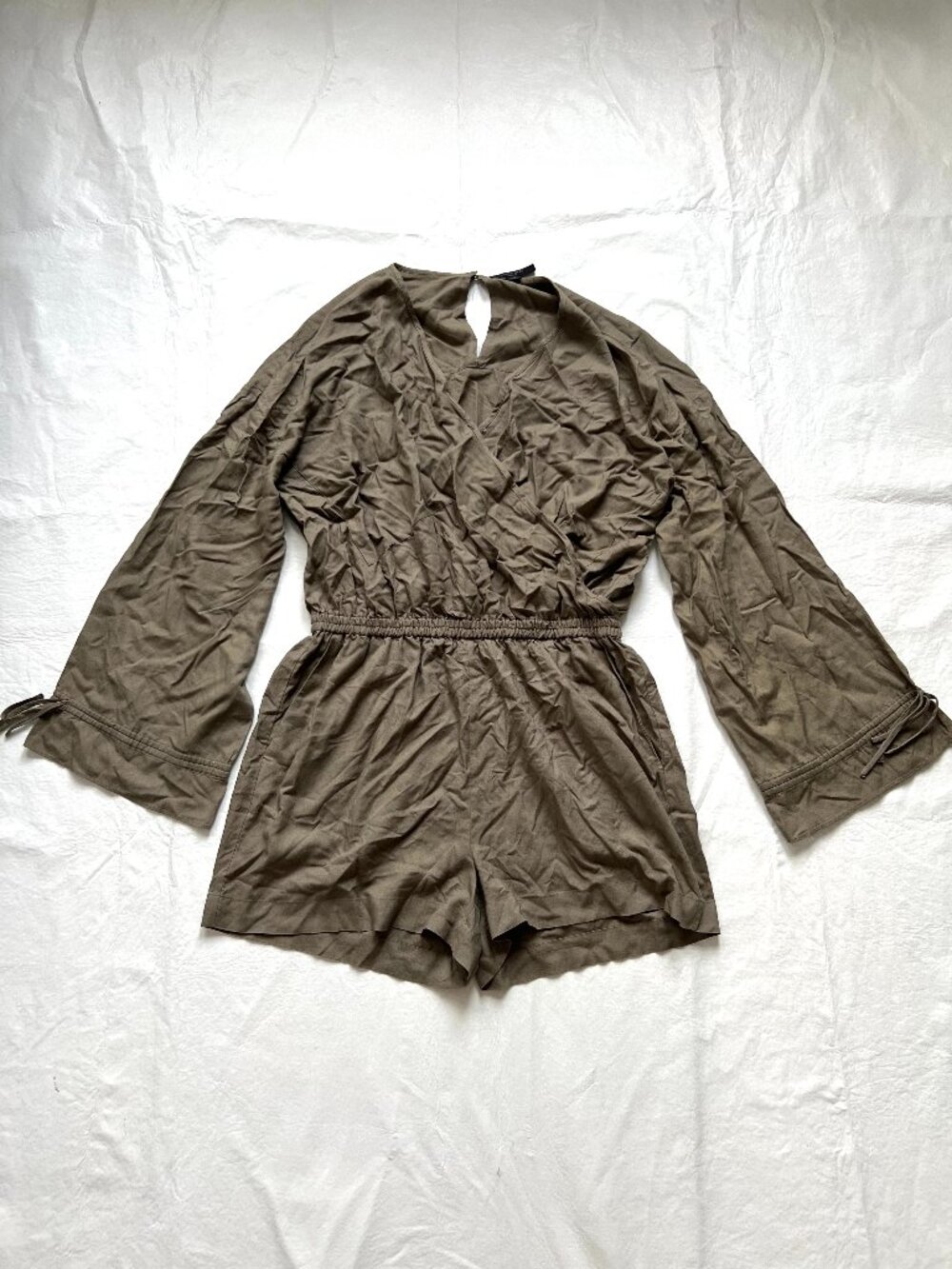 All Saints playsuit romper olive green linen Large long sleeve v neck wrap short